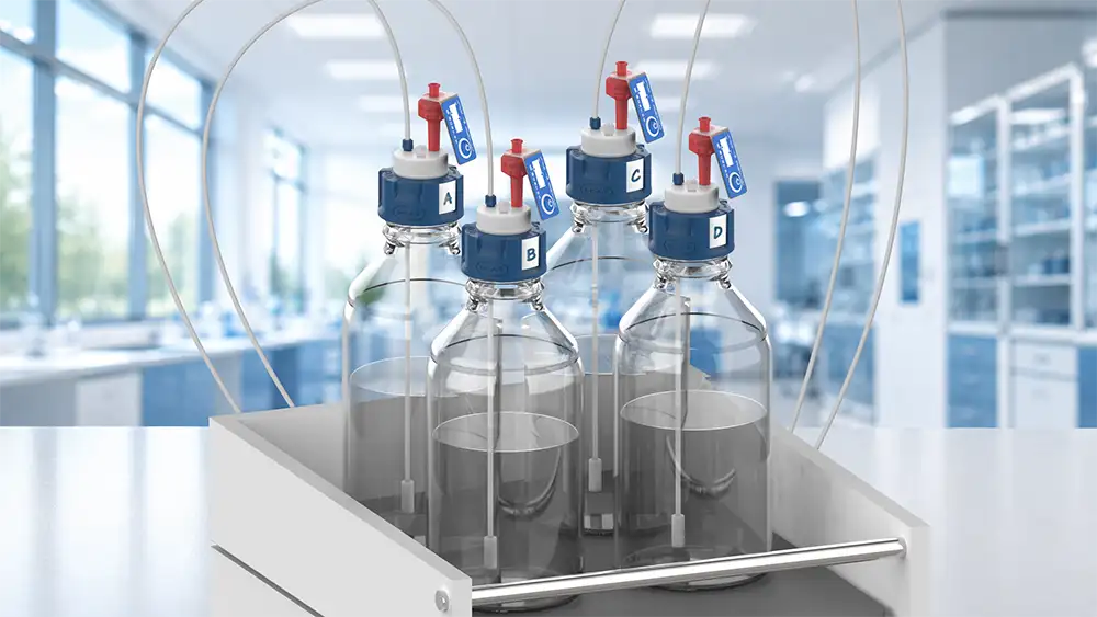 HPLC-Eluentenflaschen mit Safety Caps, Belüftungsventilen, Versorgungskapillaren und Ansaugfiltern an einer HPLC-Anlage